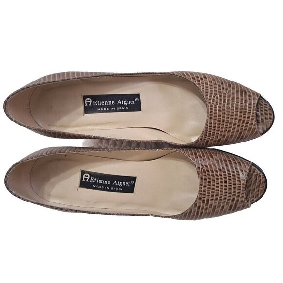 Etienne Aigner Women's 8M Brown Peep-Toe Snakeskin Leather Pumps 3" Heel - Picture 2 of 11